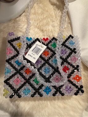 Susan Alexandra Clear Beaded Mini Bag with Multicolor Flower Beads